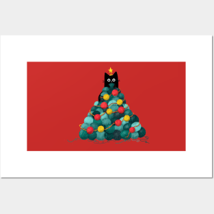 Black Cat in Yarn Christmas Tree Posters and Art